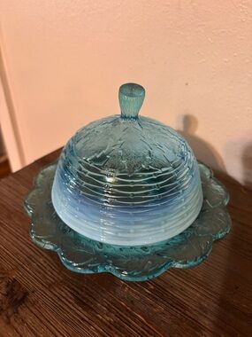 Blue Frosted Leaf and Basket Weave Butter Dish with Lid